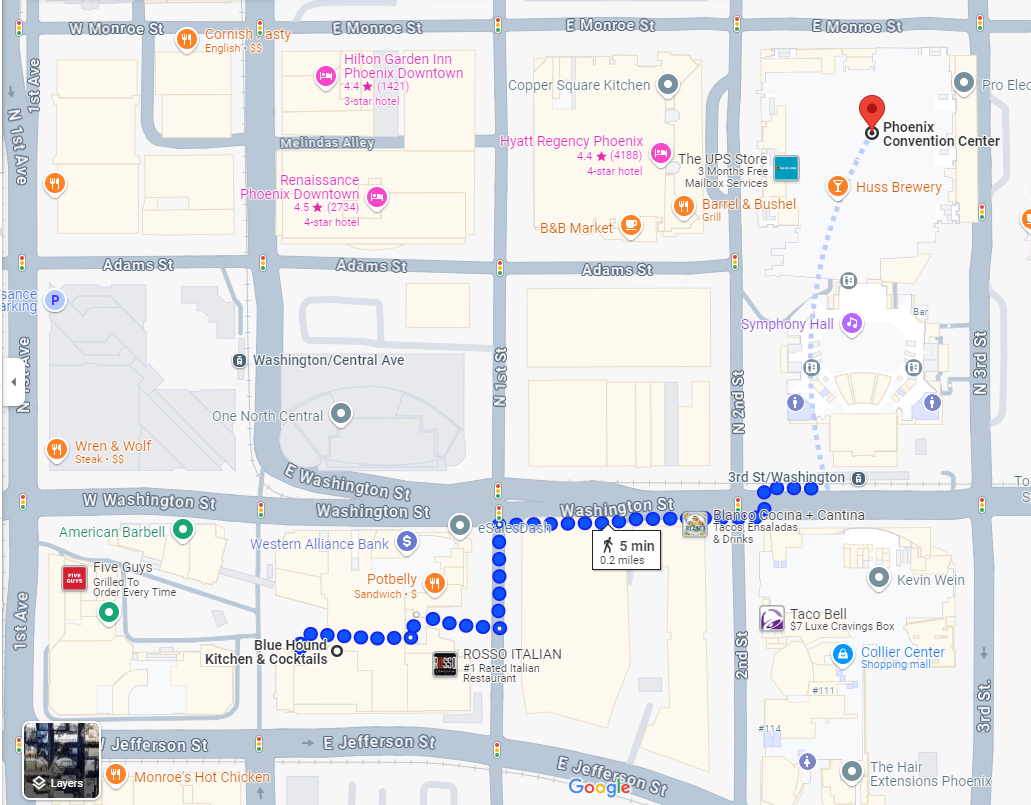 Map from convention center to the Blue Hound