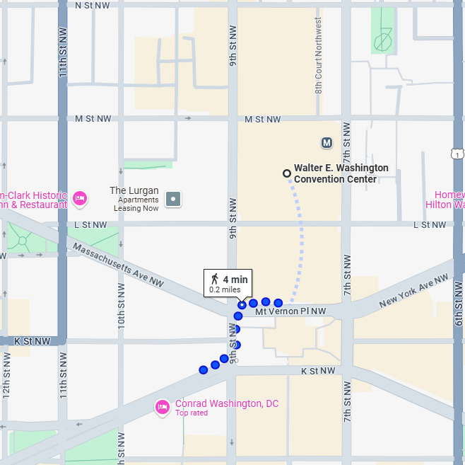 Map from Walter E Washington Convention Center to Yardbird Table and Bar (4 min walk)